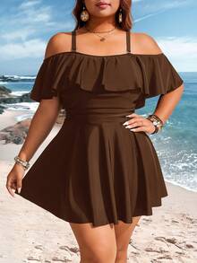 Swim Lushoire 2026新款纯色荷叶边可调节肩带大码泳衣裙，适合海滩度假 - 咖啡棕 - 查看 6