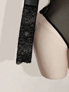 SHEIN ICON 女士时尚性感蕾丝拼接透视网纱连体衣 - 黑色 - 查看 6