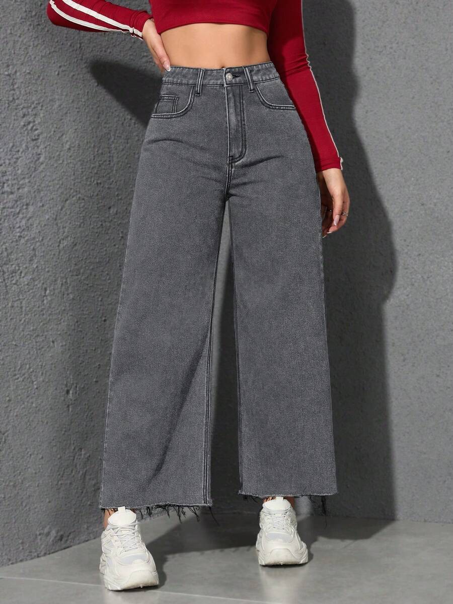 Jeanoix Zipper Fly Raw Hem Wide Leg Jeans - White - View 1