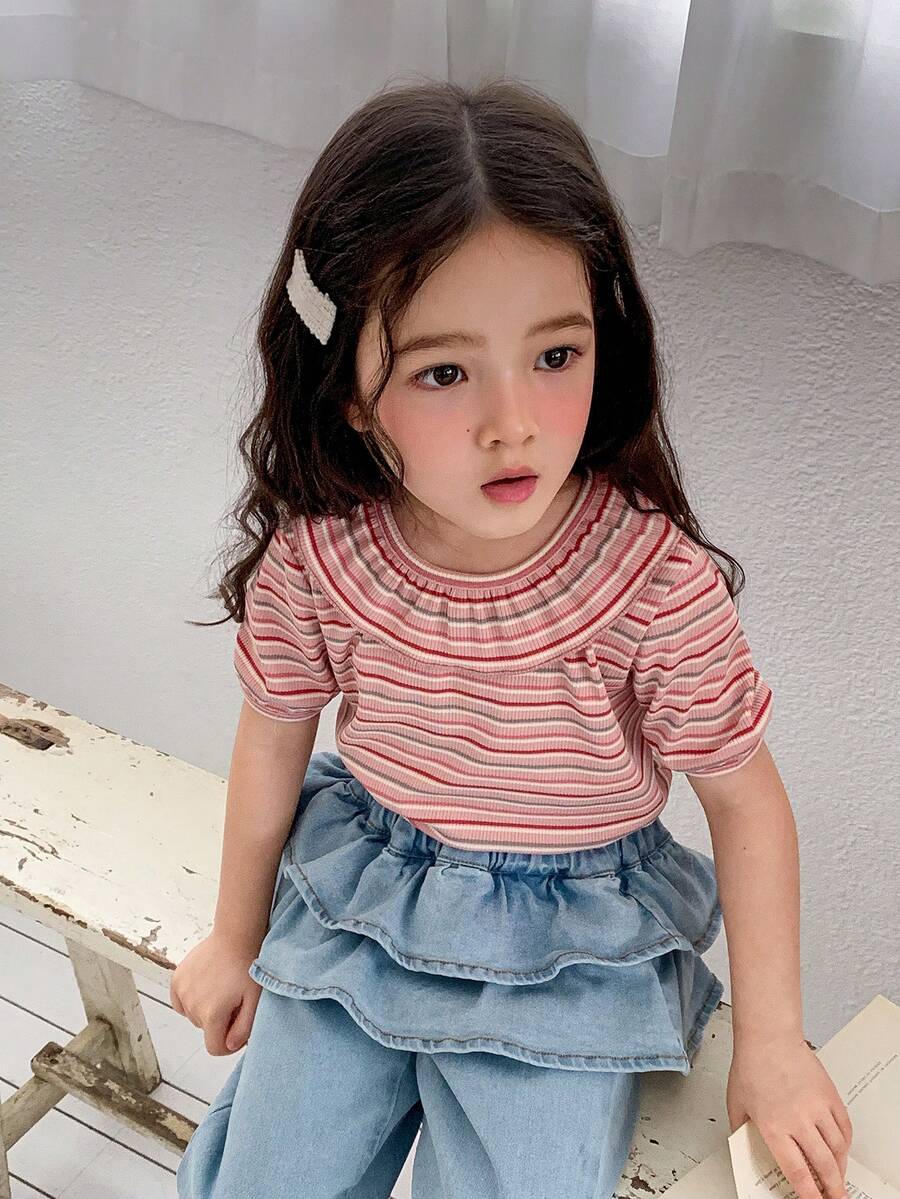 Dazy Kids 少女休闲度假风日常通勤撞色条纹花卉印花荷叶边短袖T恤,夏季 - 彩色 - 查看 1