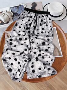 GlowEve Women's Drawstring Waist Polka Dot Pattern Wide Leg Loose Casual Pants - Black and White - View 6