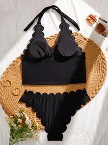 Swim Basics Women's Solid Color Floral Trim Spaghetti Strap Bikini Top And Floral Trim Swim Bottoms, Summer Beach Vacation - Black - View 5
