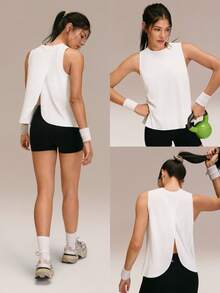 GLOWMODE Stay Breezy Lightweight Quick-Dry Mesh Hip-Length Regular-Fit Crossover-Back Tank Top For Running, Jogging, Gym, Tennis, Golf, And Daily Active Wear - White - View 8