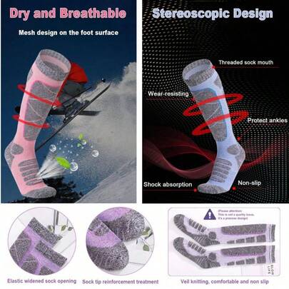 Calcetines de esquí de invierno para mujer, talla única, cálidos y gruesos, con puños acanalados, de material de toalla con spandex, transpirables y de secado rápido, antideslizantes y resistentes al desgaste, absorben el sudor y se secan rápido, adecuados para mujeres y adolescentes en deportes al aire libre como esquí, escalada, senderismo, fútbol, calcetines deportivos de tubo largo, opción ideal para regalos de Navidad