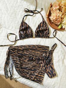 Swim Vcay 女士随机印花露背金属装饰迷你裙三件套比基尼套装，春夏款 - 彩色 - 查看 2