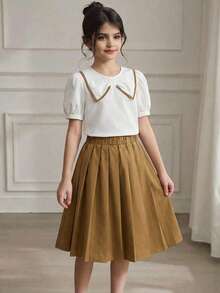 SHEIN 2pcs/Set Tween Girls Elegant Doll Collar Puff Sleeve White Top And Brown Pleated Skirt Outfit, Suitable For Party, School, And Casual Occasions - White - View 3
