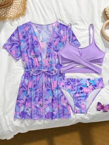 SHEIN 少女碎花三件套泳衣套装 女童沙滩套装 女童夏季度假套装 三件套比基尼套装 青少年三件套泳衣 女童泳衣套装 三件套泳衣套装 少女泳衣套装 泳衣和罩衫套装 女童两件套罩衫比基尼 两件套度假套装 三件套泳衣套装 少女服装套装 夏季沙滩紫色泳衣套装 三件套泳衣 薰衣草色两件套 青少年紫色两件套 女童紫色泳衣 - 紫色 - 查看 6