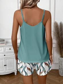 EMERY ROSE 2 pièces Top camisole et ensemble de couleur unie femme, style minimaliste, imprimé géométrique abstrait vert sur verre, convient pour l'été - Multicolore - Voir 2