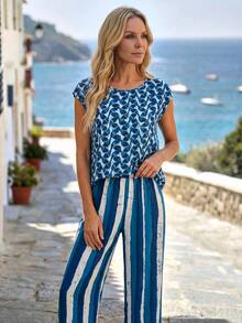 EMERY ROSE 女士度假休闲印花上衣和条纹裤两件套 - 彩色 - 查看 4