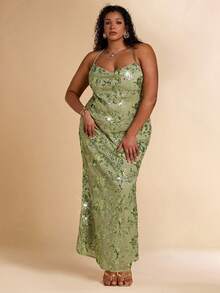 SHEIN BAE Plus Size Women Green Beaded Halter Maxi Dress, Vacation - Green - View 4