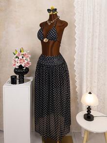 Bonvoyette 3件套春假随机波点印花多色三角吊带性感优雅度假比基尼套装，配金属贝壳配饰和长款网纱沙滩裙，女士泳装 - 黑與白 - 查看 4