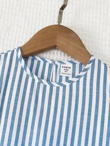 Young Girl Woven Striped Sleeveless Casual Dress - Blue and White - View 4