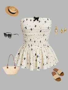 GlowEve Trendig ny sommarsemester med texturerat rosetttryck och lös halterneck-swing-top för kvinnor - Aprikos - Visa 1