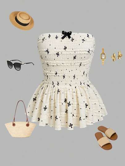 GlowEve Fashionable New Summer Vacation Textured Bow Print Loose Halter Swing Crop Top For Women