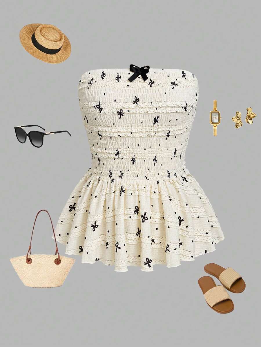 GlowEve Trendig ny sommarsemester med texturerat rosetttryck och lös halterneck-swing-top för kvinnor - Aprikos - Visa 1