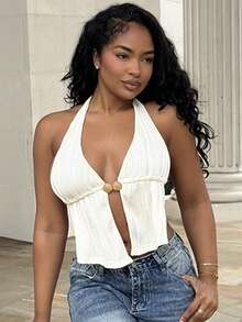 Alexandranx 性感 V 领金属装饰吊带荷叶边下摆露背红色纹理面料女式背心，适合海滩度假、约会、下午茶、度假、音乐节、波西米亚风 - 杏色 - 查看 5