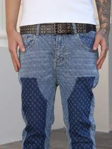 Manfinity LEGND 男士拼接提花蹄印修身弹力喇叭牛仔裤 - 淺色水洗藍 - 查看 8