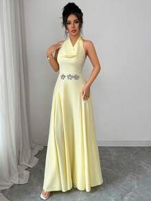 Elenzga Women's Spring/Summer Elegant Romantic Vacation Draped Neck Cinched Waist Dress, Suitable For Outings, New Year, Valentine's Day, Easter, Mother's Day, Middle Eastern Weddings, Workplace, Yellow Color - Light Yellow - View 6