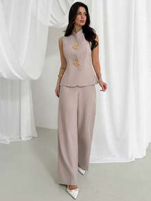 Firerie 女士春夏新款优雅亚麻竹编打结圆领收腰纽扣衬衫搭配高腰直筒阔腿裤套装，亚麻日常通勤度假装，通勤、优雅、休闲、工作服 - 杏色 - 查看 7