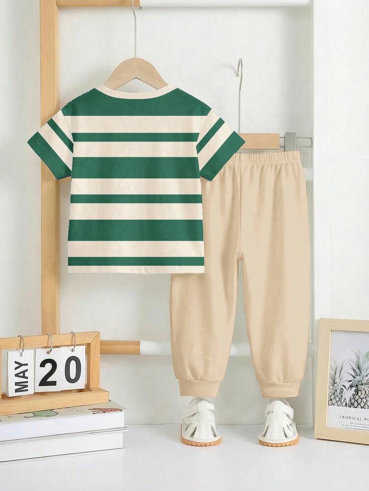 Bubblio 2pcs Baby Boys Casual Loose Sports Set, Includes Striped Print Short Sleeve T-Shirt And Relaxed Fit Pants, Suitable For Spring And Summer - Multicolor - View 4