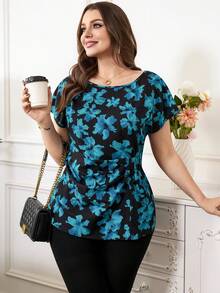 Reflora Plus Size Women Floral Print Round Neck Short Sleeve Casual Shirt Blue Top Blouses Tops For Elegant Curvy - Blue - View 7