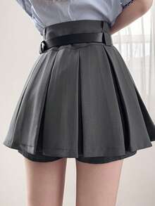FRIFUL Women's Summer/Spring Solid Color Pleated Short Lining Shorts, Loose Casual Versatile Slim Fit Mini Skirt - Grey - View 2