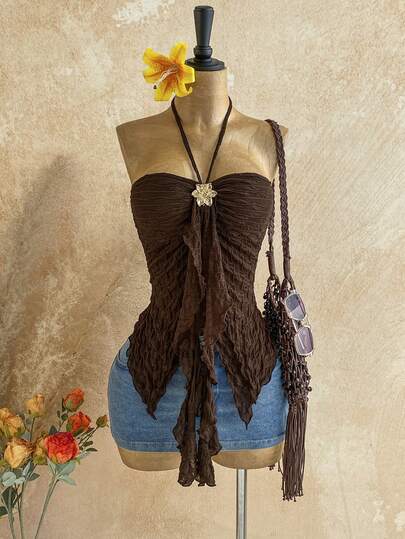 Soleia Women's Asymmetrical Hem Metal Decor Halter Neck Blouse, Suitable For Beach Vacation In Summer