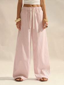 Easelle Quần ống đứng kẻ sọc dáng casual đa năng dành cho nữ, có dây rút ở eo và túi, thích hợp mặc hàng ngày. - Hồng - Xem 6