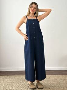 100% Cotton Loose Fit Denim Jumpsuit - Dark Wash - View 5