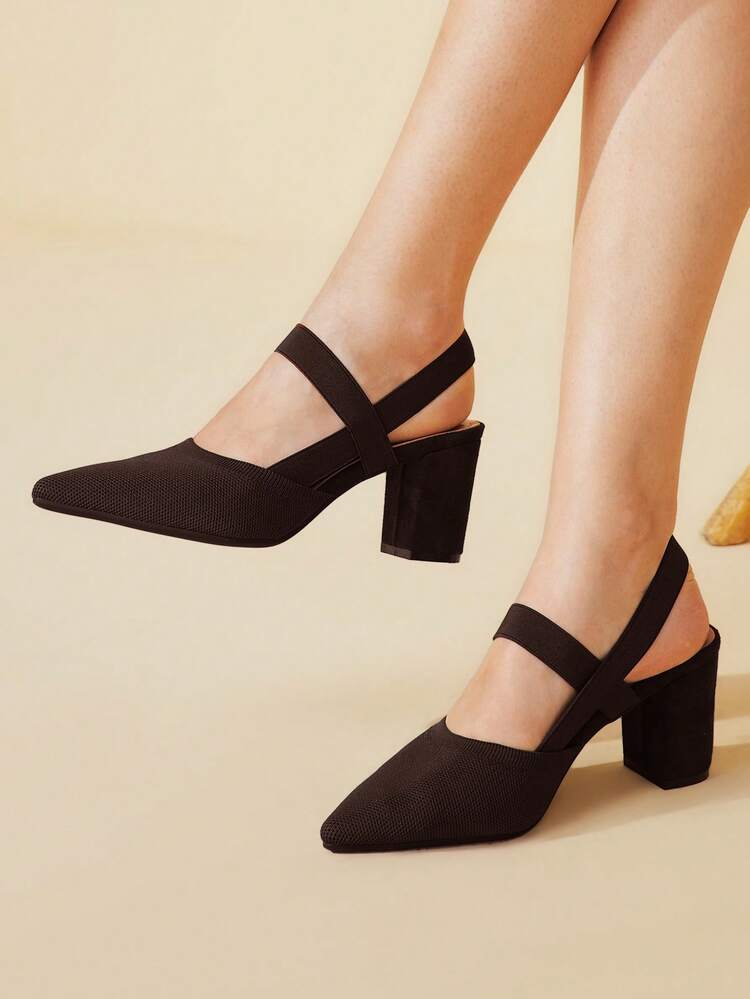 CUCCOO BASICS Women's Coffee Colored Comfortable Breathable Woven Elastic Slip-On Pointed Toe Chunky Heel Pumps For Christmas Spring Shoes