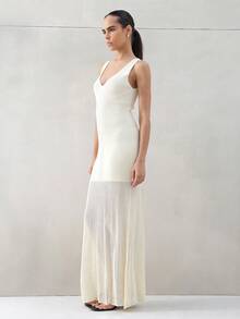 KSTM Womens Ribbed Knit V-Neck Sleeveless Midi Dress Semi Sheer Bodycon Tank Summer Casual Evening Versatile Dress - Yellow - View 3