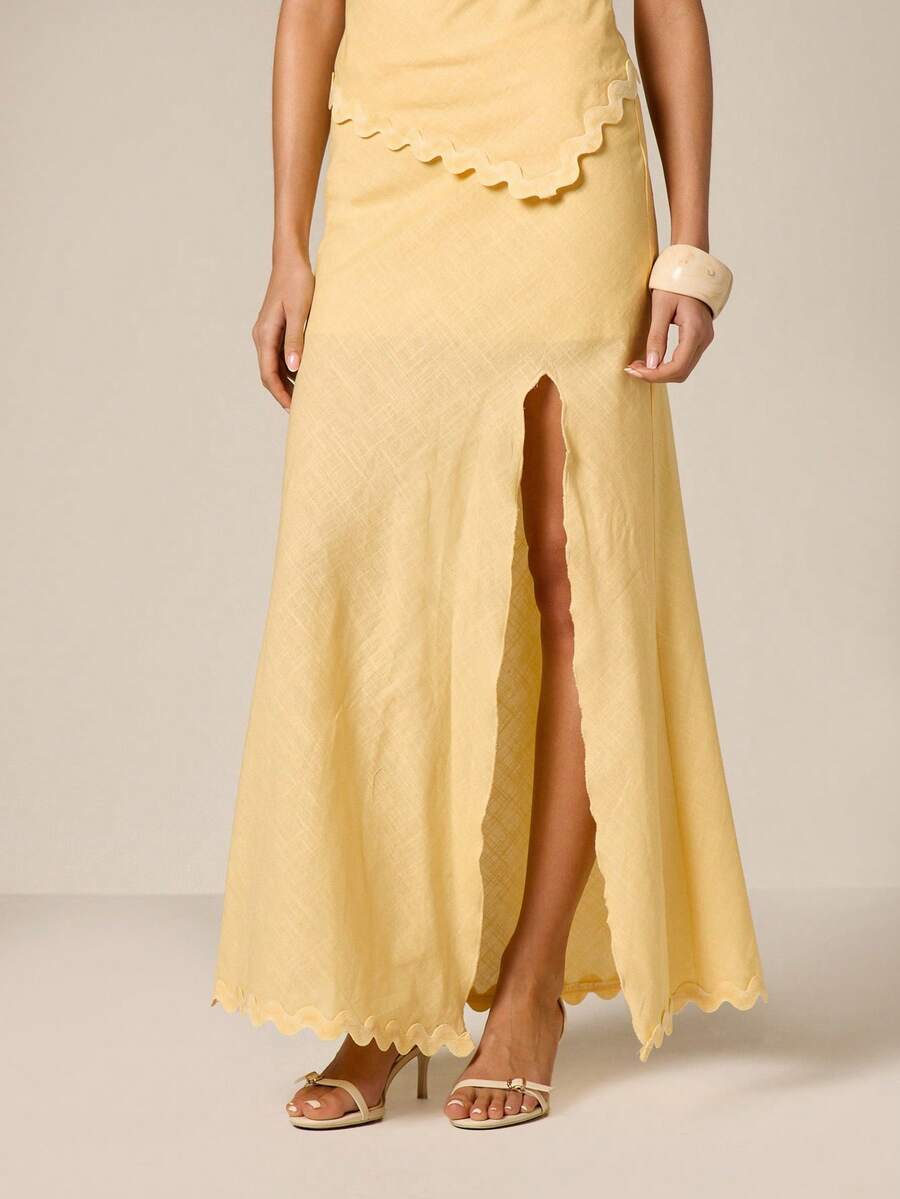 AiiRZ Women's Linen Feel Maxi Skirt With Scalloped Edge Hem Front Slit High Waisted Summer Beach Boho Long Flowy A-Line Vacation - Yellow - View 1