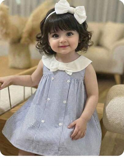 SHEIN Vestido de niña bebé con cuello Peter Pan, corbata de moño y estilo a rayas, estilo preppy