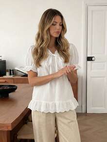 Easowa 夏季休闲纯色花瓣袖衬衫 - 白色 - 查看 5