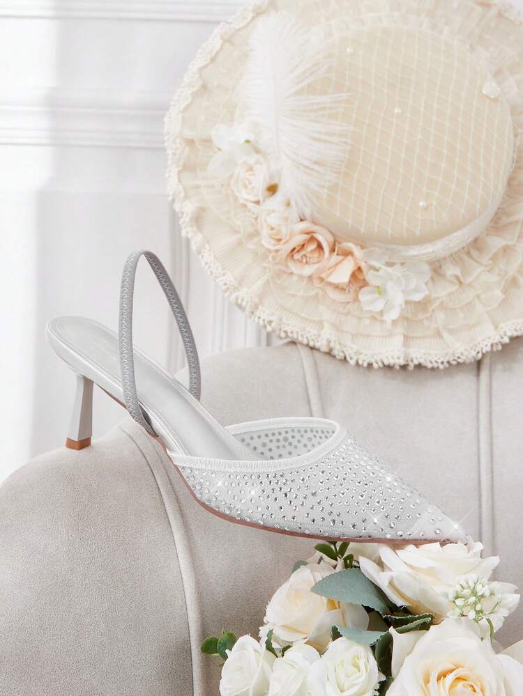 CUCCOO HITCHD Women Shoes Fashion Mesh Sparkling Rhinestone Back Lift Strap Pointed High Heels Shoes Commuter Dating Party Fashion Party Wedding Vacation Wedding Shoes Summer Shoes Bride Shoes