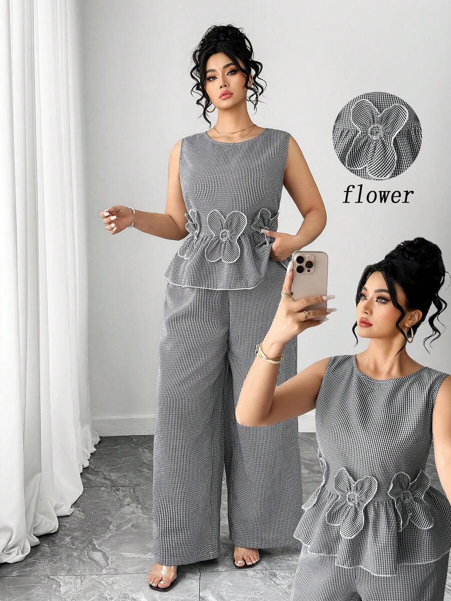 Elenzga 大码女式3D立体花卉装饰条纹圆领无袖上衣搭配阔腿裤休闲通勤套装 - 黑與白 - 查看 1