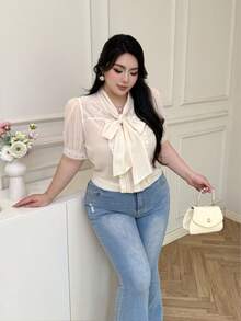 Vibekara Vintage French Elegant Romantic Lace Embroidered Bowknot Short Sleeve Blouse For Women - Apricot - View 4
