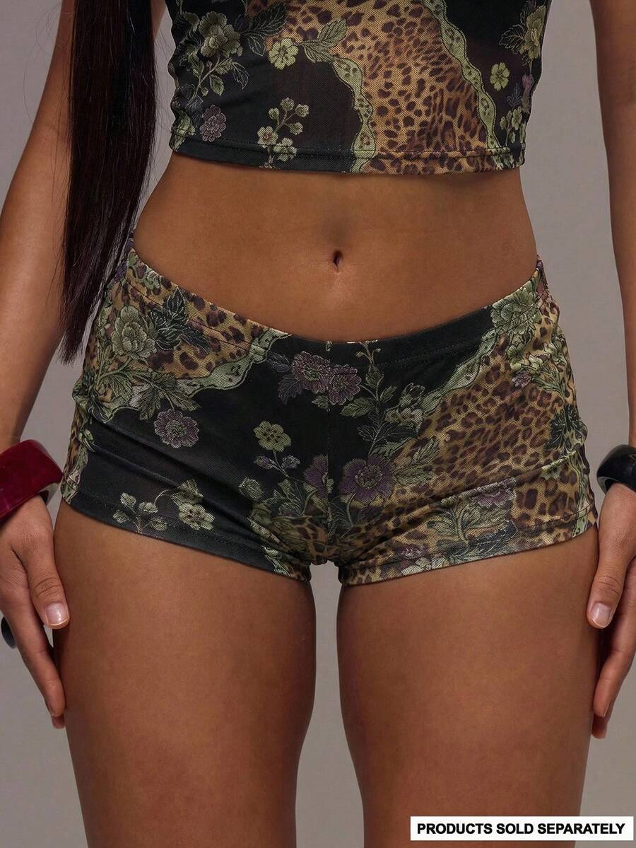 MUSERA Low Rise Fitted Micro Mini Printed Shorts Cool Girl, , Going Out, Sexy, Crimson Elegant Party Valentines Day Spring - Multicolor - View 1