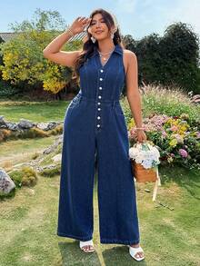 Breezaya Plus Size Sleeveless Casual Denim Jumpsuit, Summer - Blue - View 1