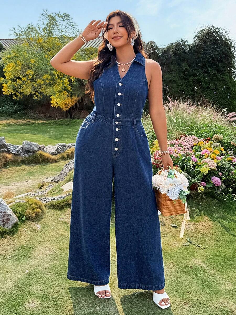 Breezaya Plus Size Sleeveless Casual Denim Jumpsuit, Summer - Blue - View 1