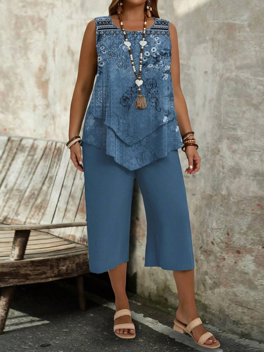 EMERY ROSE Casual Retro Floral Pattern Round Neck Vest And Loose 7/8 Pants 2 Pieces Set, Plus Size, Suitable For Summer - Multicolor - View 1