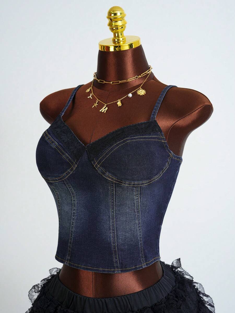 Amplova Women's Casual Washed Cropped Denim Camisole Top, Summer - Dark Wash - View 1