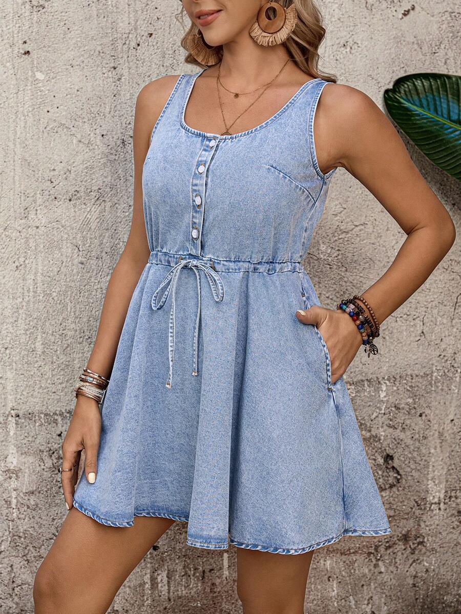 EMERY ROSE Women's Casual Drawstring Waist Sleeveless Denim Dress - Blue - View 1