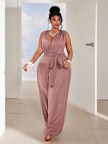 Maweii Plus Size Backless Tie-Up Jumpsuit, Vacation & Party Style - Brown - View 5