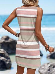 Sylviya 女士U领无袖宽肩带休闲夏季条纹舒适连衣裙，度假 - 彩色 - 查看 2