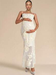 MaterniChic 孕妇无袖修身长裙，优雅时尚 - 杏色 - 查看 4