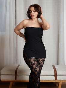 Lupita Cardoza 女士性感优雅黑色蕾丝两件套，包括厚罗纹抹胸上衣和蕾丝喇叭裤，高弹力面料塑身，适合约会、聚会、派对、俱乐部、夜生活 - 黑色 - 查看 6