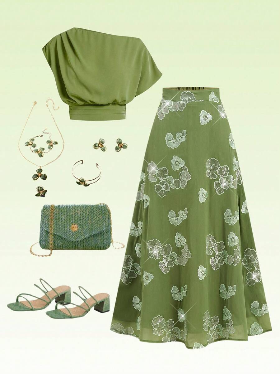 Gownix Sequin Embellished Elegant Versatile A-Line Midi Skirt Summer Vacation Outfits Women Going Out Outfits - Olive Green - View 1