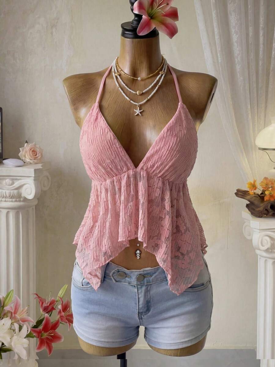 Flirla 女士夏季不对称下摆白色蕾丝吊带背心 - 淺粉色 - 查看 1