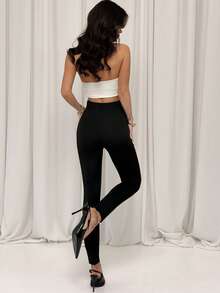 Firerie 女士优雅休闲通勤纯黑色高腰打底裤，春夏百搭休闲打底裤 - 黑色 - 查看 10